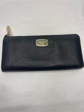 Michael Kors Black Zip-Around Saffiano Leather Wallet with Gold Hardware